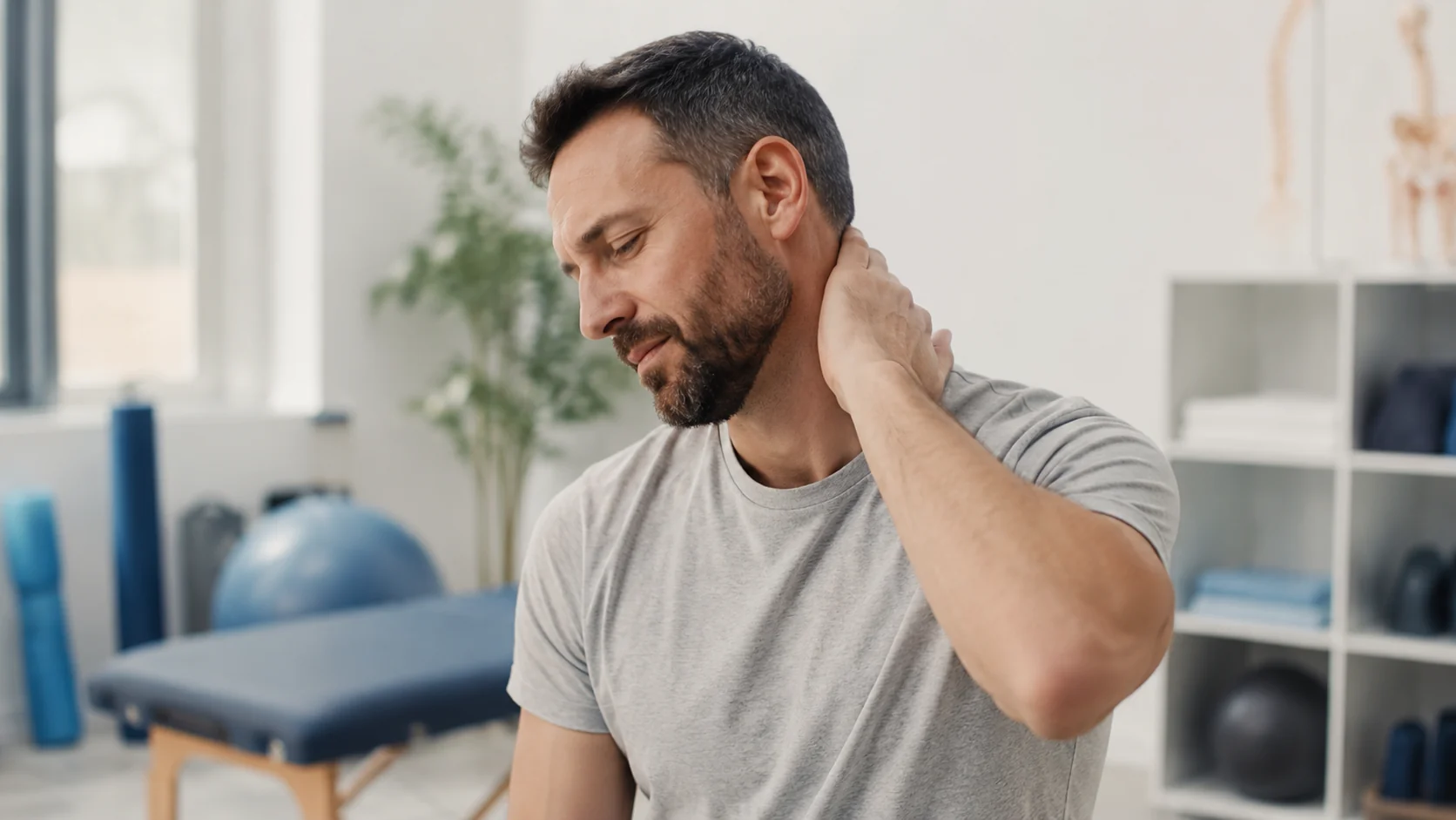 Persona in ambiente fisioterapico che si tocca il collo per un fastidio cervicale