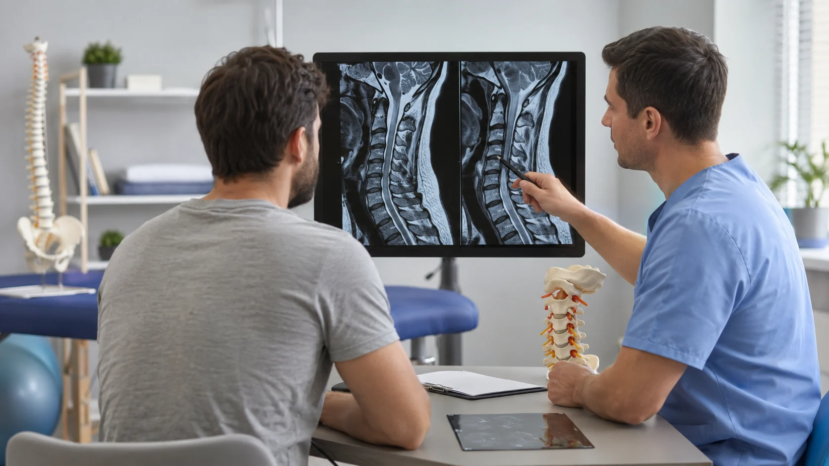 Professionista e paziente che osservano immagini di risonanza magnetica cervicale